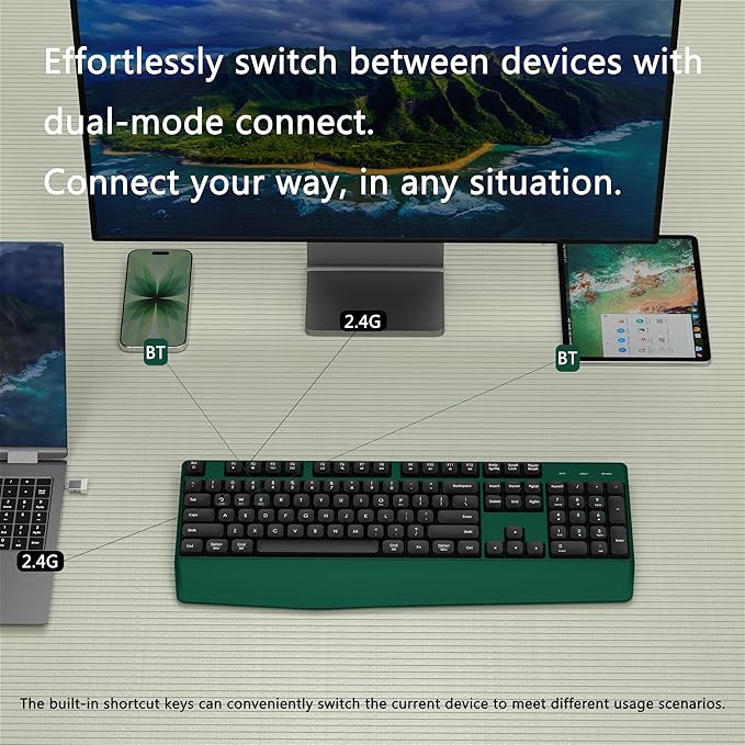 Wireless Bluetooth Keyboard, Ergonomic Wireless Keyboard with Wrist Rest, 2.4GHz & Bluetooth Dual-Mode Compatibility for PC, Laptop, Windows, Mac, and More (Black Green)