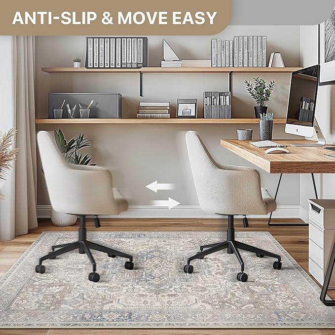 36"x48" Office Chair Mat for Hardwood Tile Floor, Under Desk Carpet Protector for Rolling Computer Chair Mat, Machine Washable Area Rug, Anti-Slip 1/5" Thick Low Pile Thin Vinyl Floor Mat, Khaki Blue