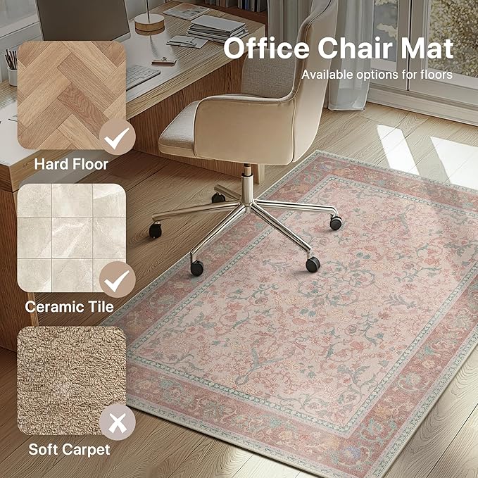 36"x48" Office Chair Mat for Hardwood Tile Floor, Under Desk Carpet Protector for Rolling Computer Chair Mat, Machine Washable Area Rug, Anti-Slip 1/5" Thick Low Pile Thin Vinyl Floor Mat, Pink