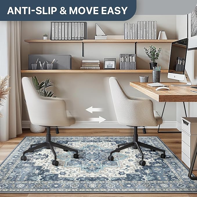48"x60" Office Chair Mat for Hardwood Tile Floor, Under Desk Carpet Protector for Rolling Computer Chair Mat, Machine Washable Area Rug, Anti-Slip 1/5" Thick Low Pile Thin Vinyl Floor Mat, Navy