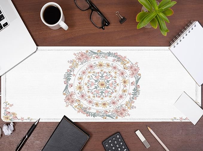 Boho Flroal Mouse Pad Pink and White Desk Mat, Spring Summer Mouse Pad for Desk Large, Boho Desktop Mats Aesthetic Computers Pads for Desk Office Dorm Women 31.5x11.8