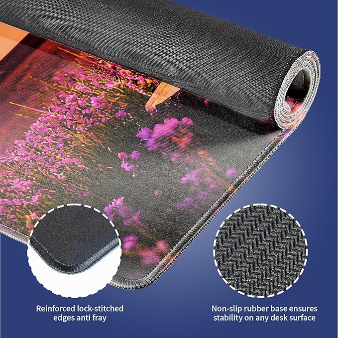 Wknoon. Extra Large Gaming & Office Mouse Pad (31.5" x 11.8") with Durable Stitched Edges – Sunset Landscape Wine Tasting in a Blossoming Lavender Field Country Meadow Picnic, Anti-Slip XXL Desk Mat