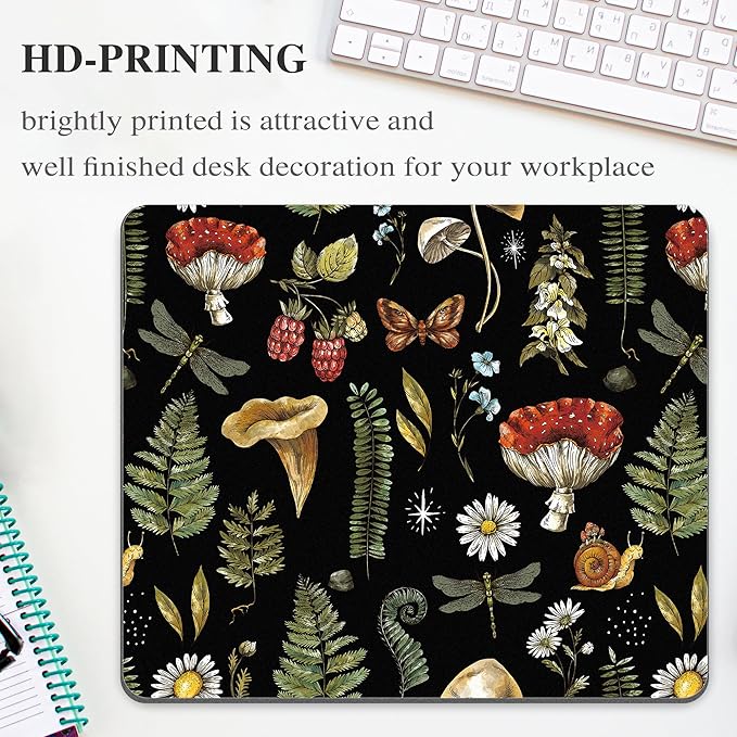Black Mushroom Mouse Pad Cute, Vintage Cottagecore Aesthetic Flower Square Mousepad Washable Magic Nature Forest Moth Plant Leaf Mouse Mat Non-Slip for Desk Gaming Office Laptop Wireless Mouse
