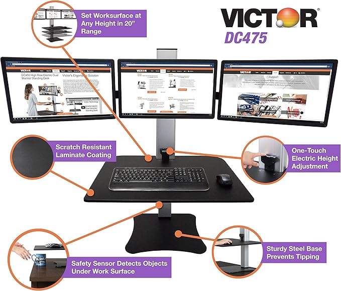 Victor DC475 High Rise Electric Triple Monitor Standing Desk Converter | Three Large Monitor Sit-Stand Desk | 28” Wide Work Surface | Compatible with Any Standard Desk | Adjustable Monitor Holder
