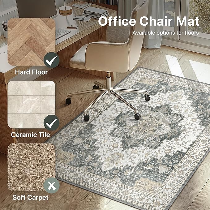 48"x60" Office Chair Mat for Hardwood Tile Floor, Under Desk Carpet Protector for Rolling Computer Chair Mat, Machine Washable Area Rug, Anti-Slip 1/5" Thick Low Pile Thin Vinyl Floor Mat, Grey