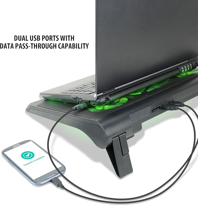 Enhance Gaming Laptop Cooling Pad Stand with LED Cooler Fans, Adjustable Height, & Dual USB Port for 17 inch Laptops - 5 Ultra Quiet High Performance Fans 2630 RPM & Built-in Bumpers - Green