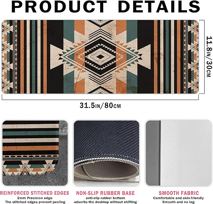 Western Desk Accessories Rug Western Mouse Pad, Vintage Aztec Rug Desk Mat for Women, Retro Native American Stuff Large Mouse Pads for Desk Cowboys XL Gaming Mats for Men 31.5x11.8