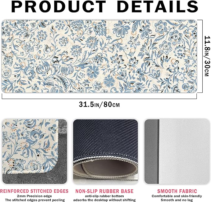 Blue Boho Mouse Pad Abstract Flroal Desk Mat, Spring Summer Mouse Pad for Desk Large, Blue and Beige Desktop Mats Aesthetic Computers Pads Flroal Decor for Desk Office Dorm Women 31.5x11.8