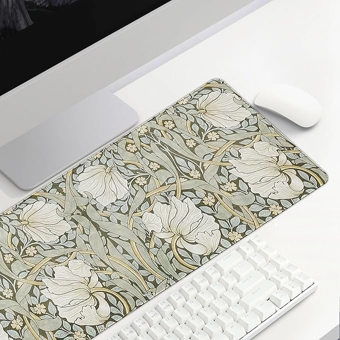 Green Boho Mouse Pad Large, Vintage Flroal Desk Mat, Abstract Flroal Large Gaming Mouse Matts Aesthetic, Green Desk Accessorie Boho Office Decor for Women Girls 31.5x11.8 in