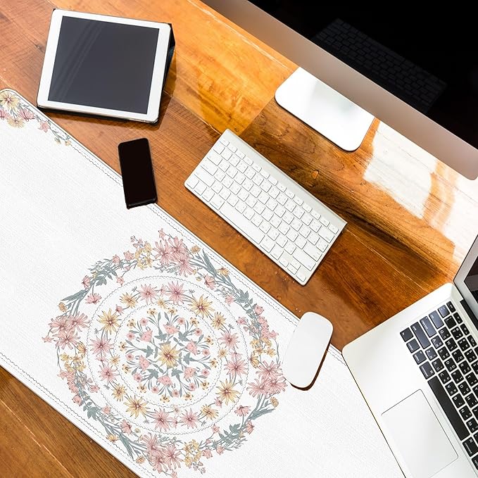 Boho Flroal Mouse Pad Pink and White Desk Mat, Spring Summer Mouse Pad for Desk Large, Boho Desktop Mats Aesthetic Computers Pads for Desk Office Dorm Women 31.5x11.8