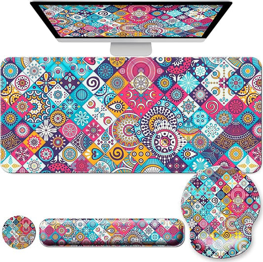 Desk Pad Keyboard Wrist Rest and Mouse Pad Coaster Set,Large XXL Desk Mat Matt Cover Ergonomic Mousepad with Memory Foam for Women Desktop Computer & Office -Mexican Style