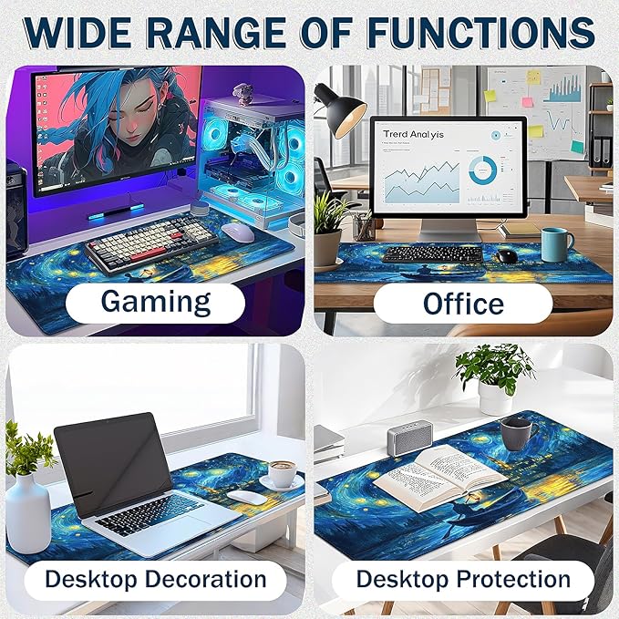 Mouse Pad Gaming - Desk Mat for Keyboard and Mouse - Van Gogh Starry Night Large Mouse Pads for Desk, Desks Pad Mat(35.4" X 15.7") with Non-Slip Base, Gaming Mousepad for Game, Office and Home