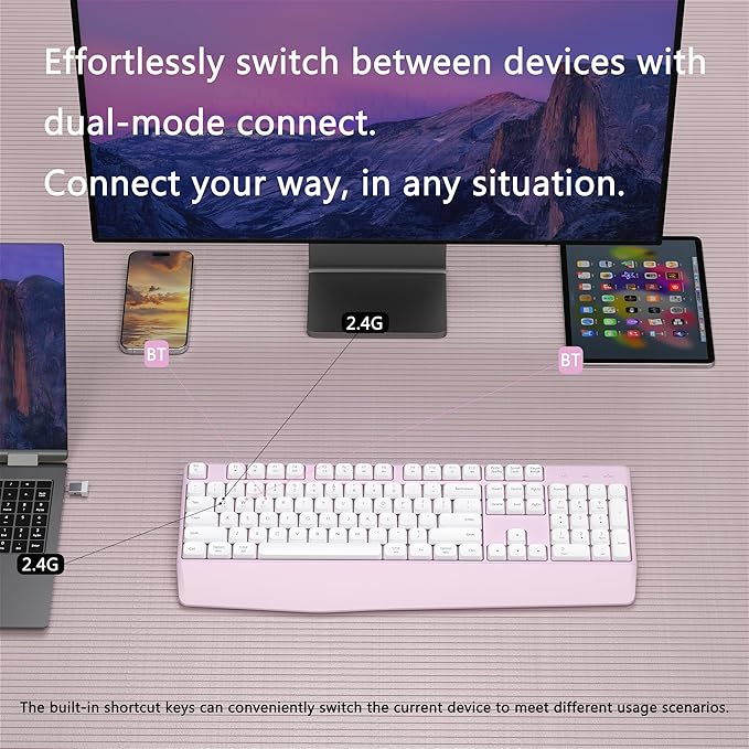 Wireless Bluetooth Keyboard, Ergonomic Wireless Keyboard with Wrist Rest, 2.4GHz & Bluetooth Dual-Mode Compatibility for PC, Laptop, Windows, Mac, and More (White Pink)