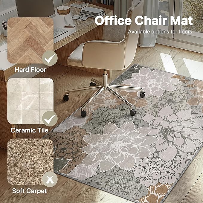 48"x60" Office Chair Mat for Hardwood Tile Floor, Under Desk Carpet Protector for Rolling Computer Chair Mat, Machine Washable Area Rug, Anti-Slip 1/5" Thick Low Pile Thin Vinyl Floor Mat, Taupe Grey