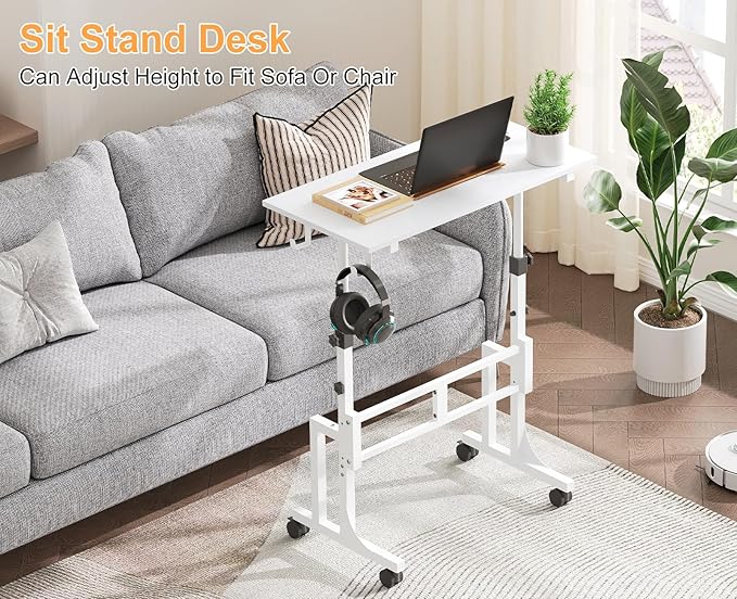 Small Adjustable Height Standing Desk With 2 Hooks, Rolling Sit Stand Up Desk With Wheels, Adjustable Mobile Portable Table For Walking Pad Laptop Treadmill Computer, 4 Height Levels, 2 Hooks