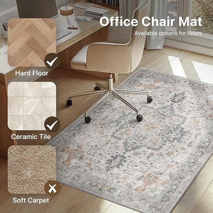48"x48" Office Chair Mat for Hardwood Tile Floor, Under Desk Carpet Protector for Rolling Computer Chair Mat, Machine Washable Round Area Rug, Anti-Slip 1/5" Thick Low Pile Thin Floor Mat, Taupe