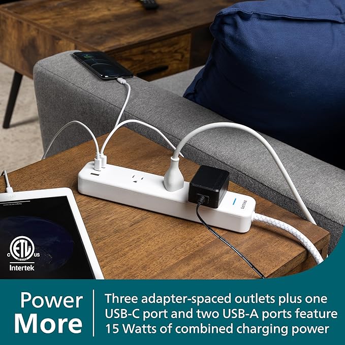 Philips EZFit 3-Outlet Adapter-Spaced Surge Protector, 6ft Braided Cord, Power Strip, Extension Cord with 2 USB-A and 1 USB-C, 490J, White, SPP3863W/37