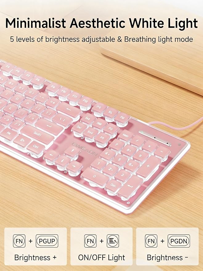 EWEADN GX710S Backlit Computer Keyboards, Wired USB Keyboard with White Backlit, Metal Panel, Plug and Play, Pudding Keycaps Full Size Quite Computer Keyboard for Win/PC/Laptop-Pink