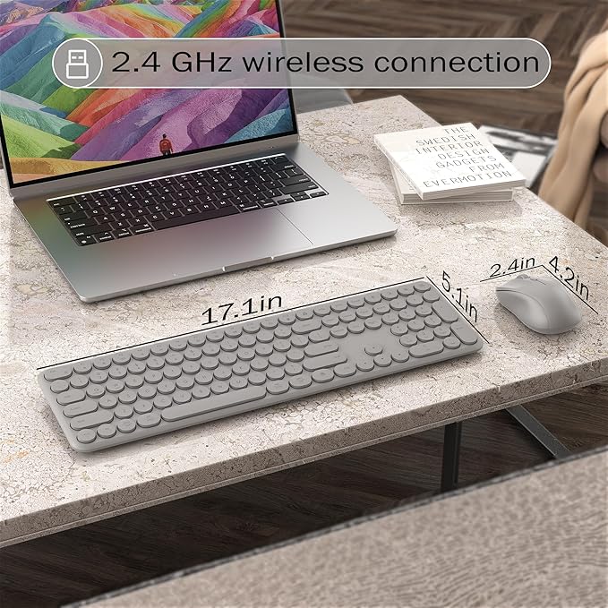 Wireless Keyboard and Mouse Combo, 110 Round Quiet Keys, Adjustable Optical Mouse, Share 1xUSB Receiver, Power Switch, for Windows Mac(Gray)