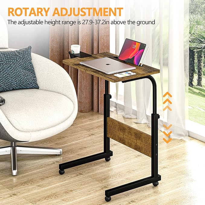 Klvied Standing Desk Adjustable Height, Stand Up Desk with Cup Holder, Portable and Easy to Move Bedside Table, Ideal for Home or Office, Walnut