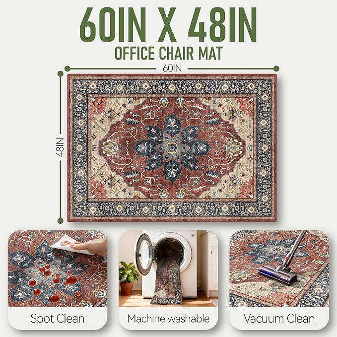 48"x60" Office Chair Mat for Hardwood, Under Desk Chair Mat for Home Office, Anti-Slip Office Rugs for Rolling Chairs, Floor Protector Washable Rugs Rust Red