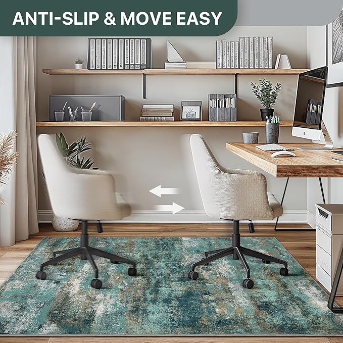 48"x60" Office Chair Mat for Hardwood Tile Floor, Under Desk Carpet Protector for Rolling Computer Chair Mat, Machine Washable Area Rug, Anti-Slip 1/5" Thick Low Pile Thin Vinyl Floor Mat, Teal Blue