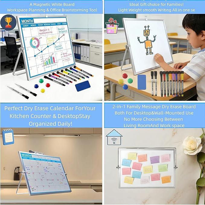 Magnetic Desktop Whiteboard with Calendar 12x16 Inch, Double Sided Tabletop Whiteboard with 10 Premium Markers (for Small Grids), 15-Pc Portable Monthly Planner for Office & School