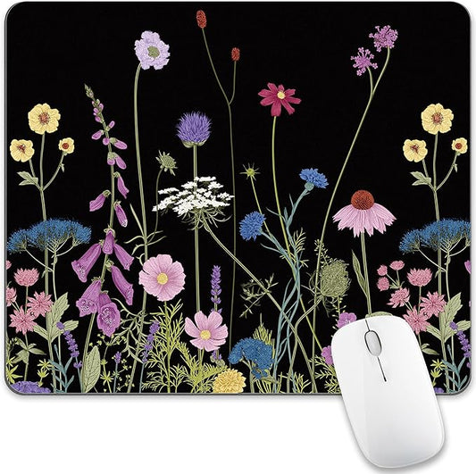 Black Floral Mouse Pad Flower Mousepad Purple Colorful Aesthetic Cute Desk Rectangular Laptop Women Girl Computer Office Small Non-Slip Wireless Mat Washable Decor Accessories Travel Gaming Supplies