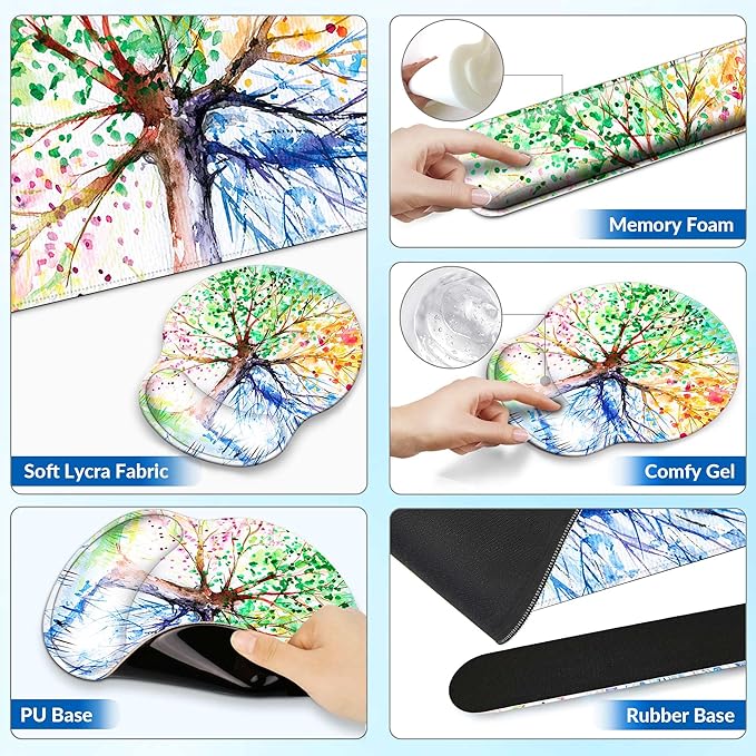 Desk Mat Set + Keyboard and Mouse Pad with Wrist Rest Support,4-in-1 Large Mousepad Computer Mats for Desktop Home & Office-Watercolor Tree