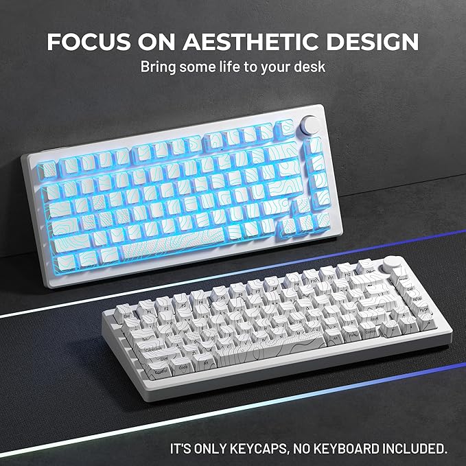 HITIME XVX Shine Through Keycaps with IMD Tech, Custom Keycaps 60 75 100 Percent, White Key Cap Set OEM Profile,118 Keys Side Printed for Mechanical Keyboard, Topographic
