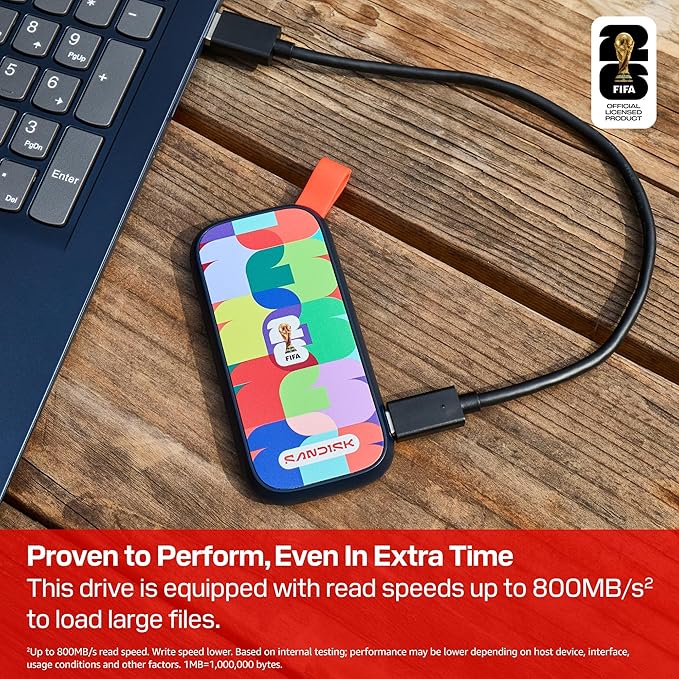 SANDISK 1TB Portable SSD, FIFA World Cup 2026 Edition – Up to 800MB/s – Compatible with laptops, Plus Android Tablets and Phones – Black - SDSSDE30F-1T00-G25