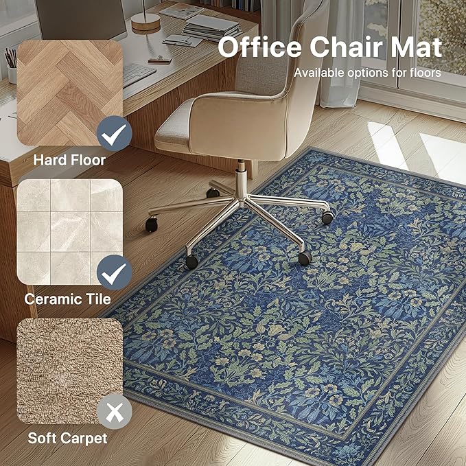48"x60" Office Chair Mat for Hardwood Tile Floor, Under Desk Carpet Protector for Rolling Computer Chair Mat, Machine Washable Area Rug, Anti-Slip 1/5" Thick Low Pile Thin Vinyl Floor Mat, Dark Blue