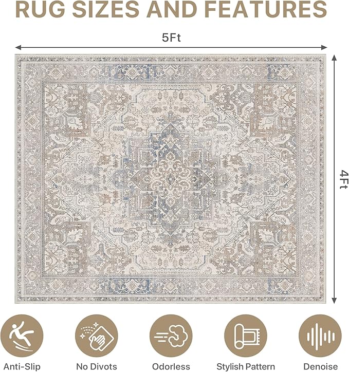 48"x60" Office Chair Mat for Hardwood Tile Floor, Under Desk Carpet Protector for Rolling Computer Chair Mat, Machine Washable Area Rug, Anti-Slip 1/5" Thick Low Pile Thin Vinyl Floor Mat, Khaki Blue