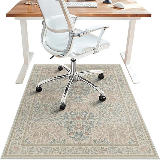 48"x60" Office Chair Mat for Hardwood Tile Floor, Under Desk Carpet Protector for Rolling Computer Chair Mat, Machine Washable Area Rug, Anti-Slip 1/5" Thick Low Pile Thin Vinyl Floor Mat, Beige Pink