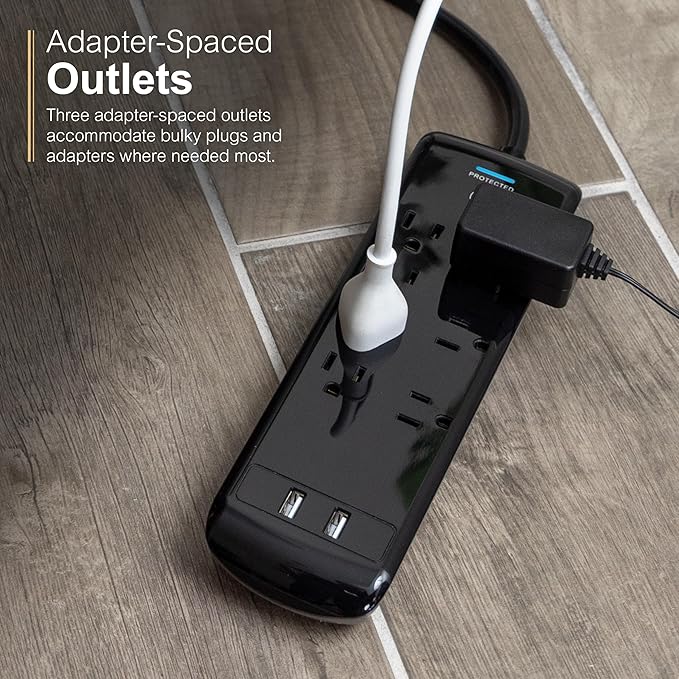 GE Pro 7-Outlet Surge Protector, 2 USB Ports, 3 Ft Extension Cord, 1780 Joules, 2.1 AMP/10 Watt, 3 Adapter Spaced Outlets, Flat Plug, Wall Mount, Warranty, ETL Listed, Black, 37054
