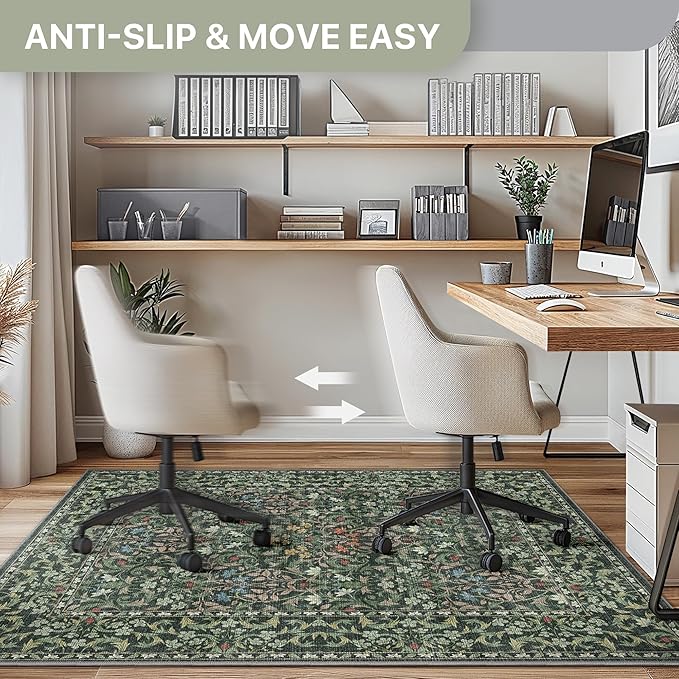 36"x48" Office Chair Mat for Hardwood Tile Floor, Under Desk Carpet Protector for Rolling Computer Chair Mat, Machine Washable Area Rug, Anti-Slip 1/5" Thick Low Pile Thin Vinyl Floor Mat, Moss Green
