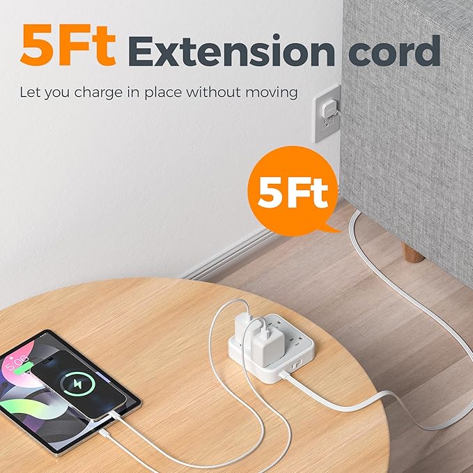 TESSAN 900J Surge Protector Power Strip, 4 Widely Spaced Outlets with 5 Ft Flat Plug Extension Cord, Small Charging Station for Home, Office, Dorm Room and Work from Home, Gray