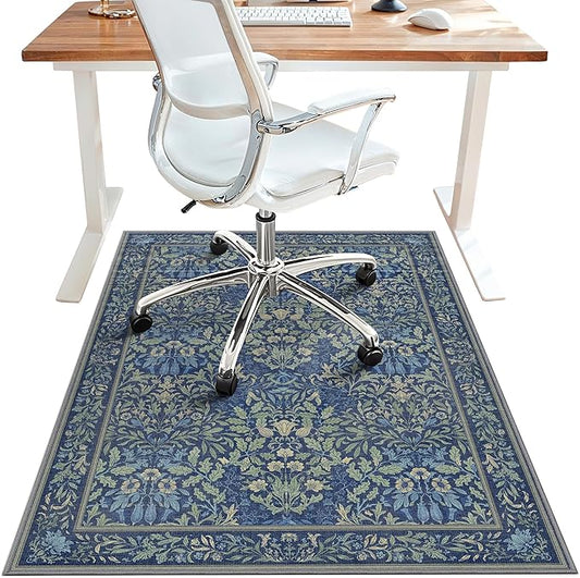 48"x60" Office Chair Mat for Hardwood Tile Floor, Under Desk Carpet Protector for Rolling Computer Chair Mat, Machine Washable Area Rug, Anti-Slip 1/5" Thick Low Pile Thin Vinyl Floor Mat, Dark Blue