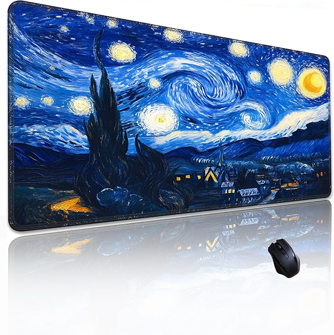 Van Gogh cat Starry Night Mouse Pad, Large Gaming Mouse Mat (31.5x11.8in), Micro-Woven Cloth Surface, Non-Slip Rubber Base, Machine Washable, for Office & Home