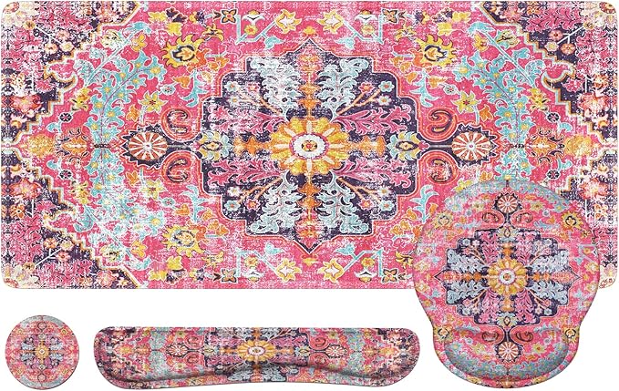 iLeadon Mouse Pad Set, Boho Desk Mat + Mouse Pad with Wrist Rest + Keyboard Wrist Rest + Coaster, 4in1 Mouse and Keyboard Pad Set for Home Office, Rug Fuchsia