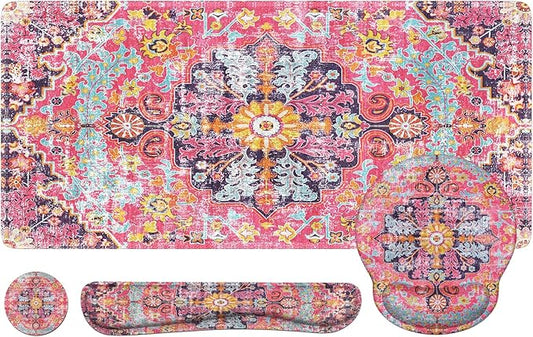 iLeadon Mouse Pad Set, Boho Desk Mat + Mouse Pad with Wrist Rest + Keyboard Wrist Rest + Coaster, 4in1 Mouse and Keyboard Pad Set for Home Office, Rug Fuchsia