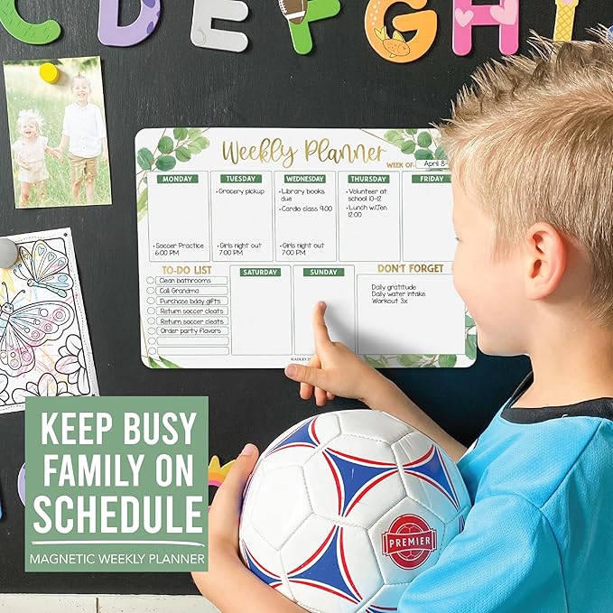 Greenery Dry Erase Weekly Calendar for Fridge - Magnetic Whiteboard, Schedule Board, White Board
