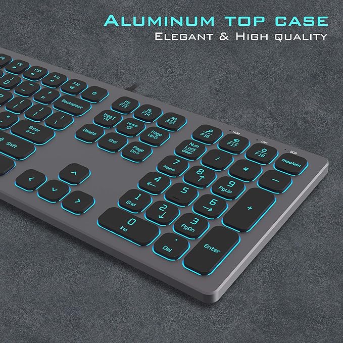 Aluminum Quiet Wired Slim Chiclet Keyboard - Compatible with Apple iMac, MacBook, Mac and PC, USB Numeric Keypad RGB Lighted Key - Space Gray