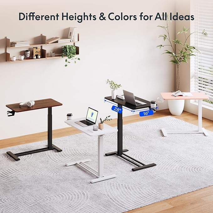 FLEXISPOT Mobile Standing Desk with Wheels Pneumatic Laptop Rolling Computer Cart Movable Height Adjustable Small Sit Stand Desk Computer Workstations Home Use（27.6" W x 15.7" D,Pink