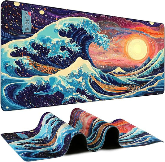 Mouse Pad Gaming - Desk Mat for Keyboard and Mouse - Japanese Sea Wave Large Mouse Pads for Desk, Desks Pad(35.4" X 15.7") with Non-Slip Base, Kanagawa Gaming Mousepad for Game, Office and Home