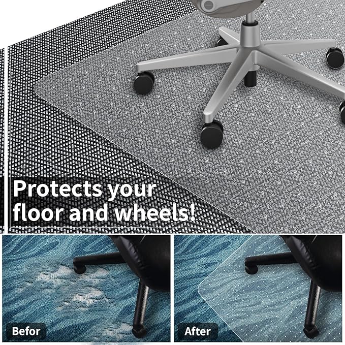 Office Chair Mat for Carpeted Floor, 63"x51" Clear Desk Mat for Carpet Large Protector Floor Mat On Low Pile Carpets, Easy Glide Rolling Plastic Floor Mat, Computer Chair Mat for Home Office