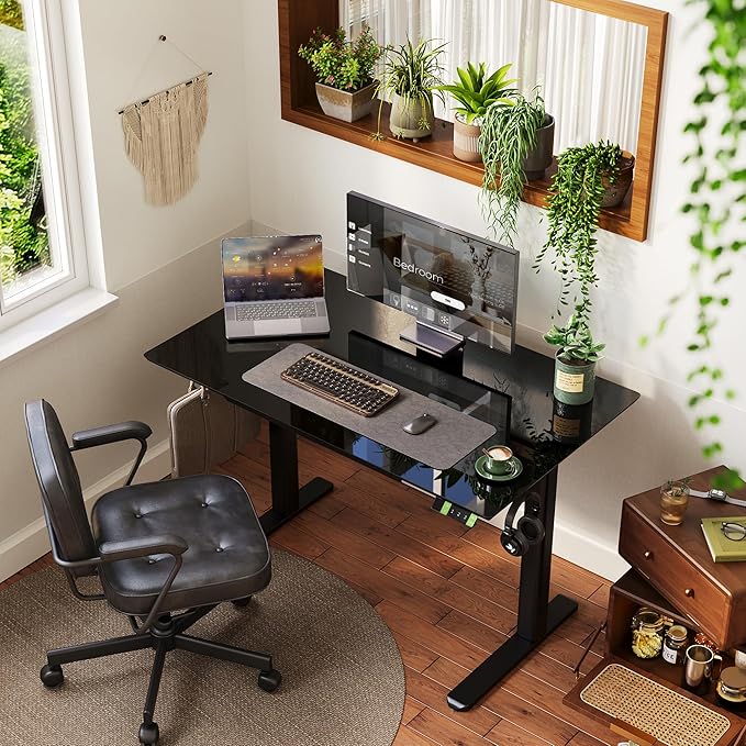 INNOVAR Glass Standing Desk with Drawers, 40×24 Inch Adjustable Stand Up Desk Quick Install Home Office Computer Desk, Black