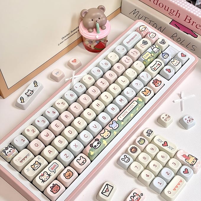 COOMICKE 114 Keys Pink Keycaps - Dye-Sublimation PBT Custom Keycap Set for MOA Profile, Cute Anime Customized Pattern Keycaps for MX Switches Mechanical Gaming Keyboard