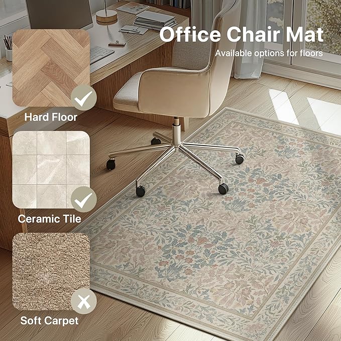 36"x48" Office Chair Mat for Hardwood Tile Floor, Under Desk Carpet Protector for Rolling Computer Chair Mat, Machine Washable Area Rug, Anti-Slip 1/5" Thick Low Pile Thin Vinyl Floor Mat, Beige Pink