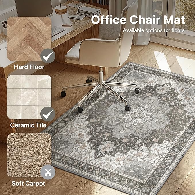 48"x72" Office Chair Mat for Hardwood Tile Floor, Under Desk Carpet Protector for Rolling Computer Chair Mat, Machine Washable Area Rug, Anti-Slip 1/5" Thick Low Pile Thin Vinyl Floor Mat, Tawny Grey
